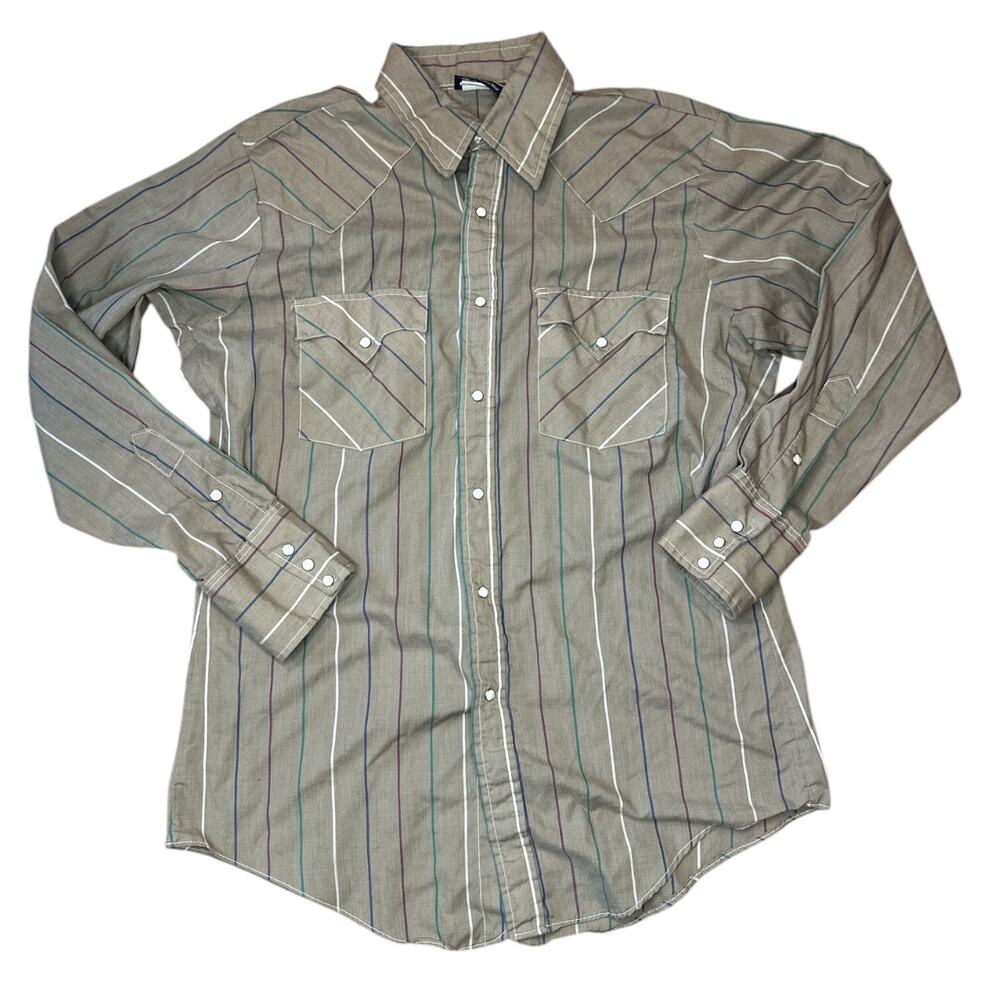 Vtg Holt Western Pearl Snap Mens Medium Brown Striped Button Down Shirt USA Made